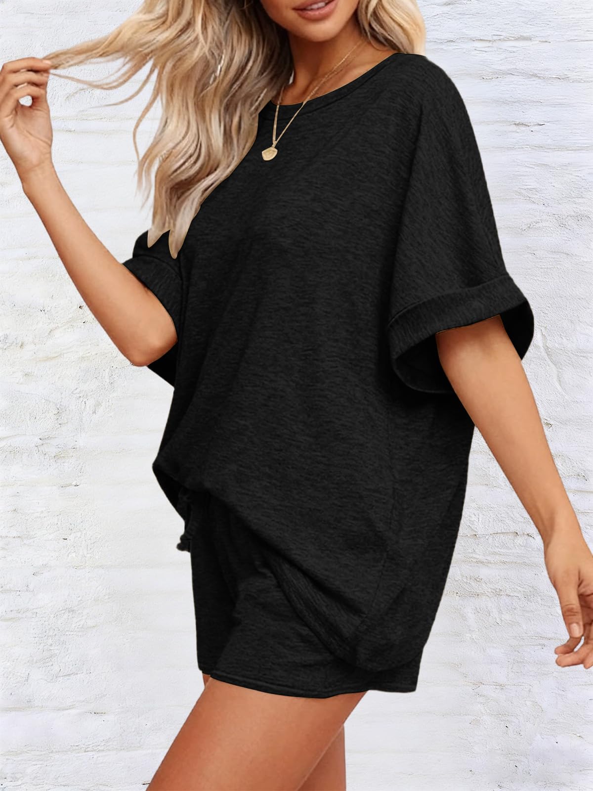 Mujer Conjunto Chándal 2 Piezas De Pantalones Verano Cortos Con Casual De Camiseta Bolsillos Y Cuello Redondo Top