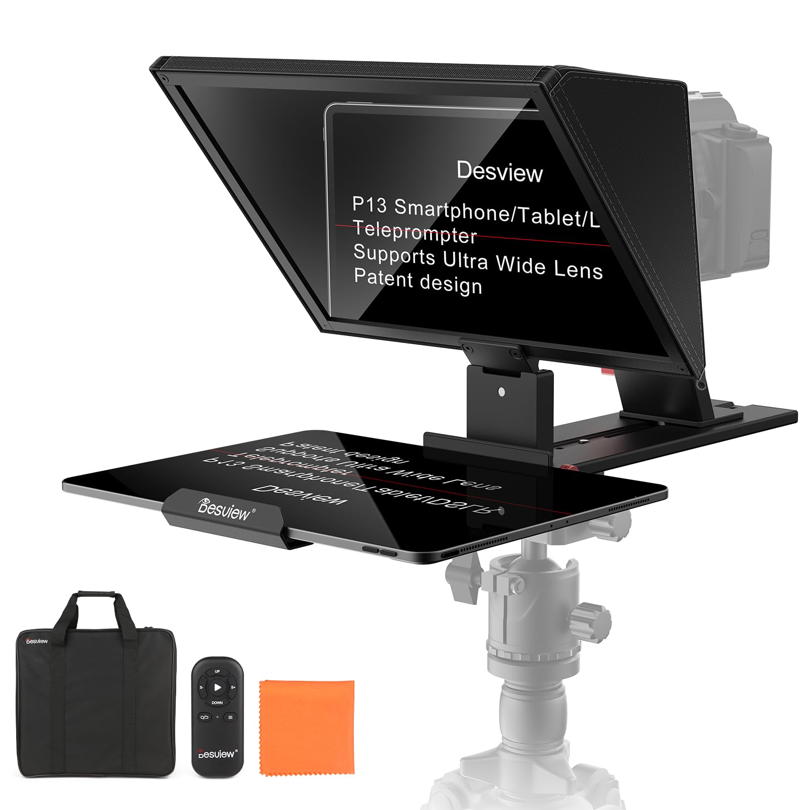 Desview P13 Telepromptor 13" in lega di alluminio regolabile verticalmente per iPad/tablet con telecomando, custodia per il trasporto, app gratuita - ideale per filmmaking, Live Selfie & Vlogging
