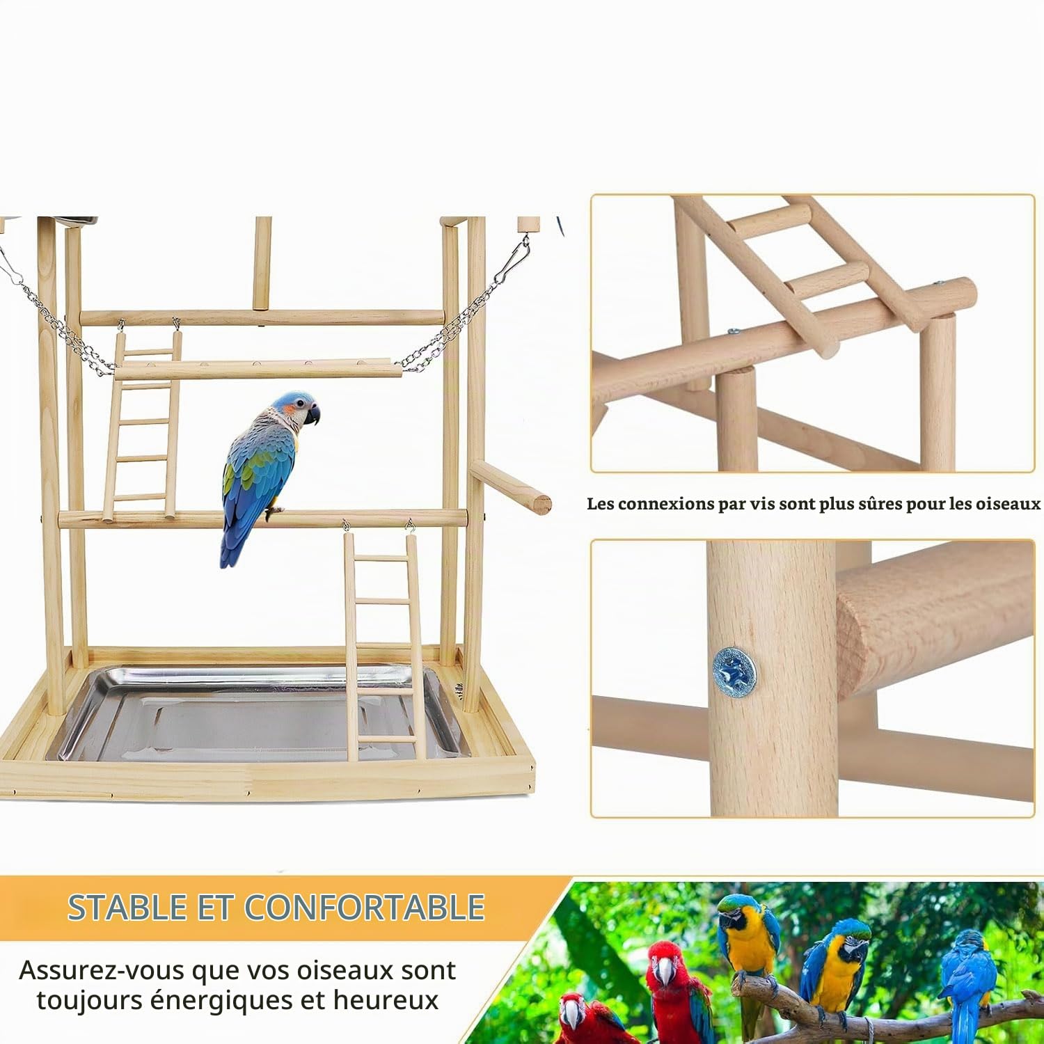 Jouet Perroquet,avec Godets à Nourriture en Acier Inoxydable,Chaîne en Plastique Multicolore,pour Animaux Domestiques,pour Perroquets et Autres Oiseaux