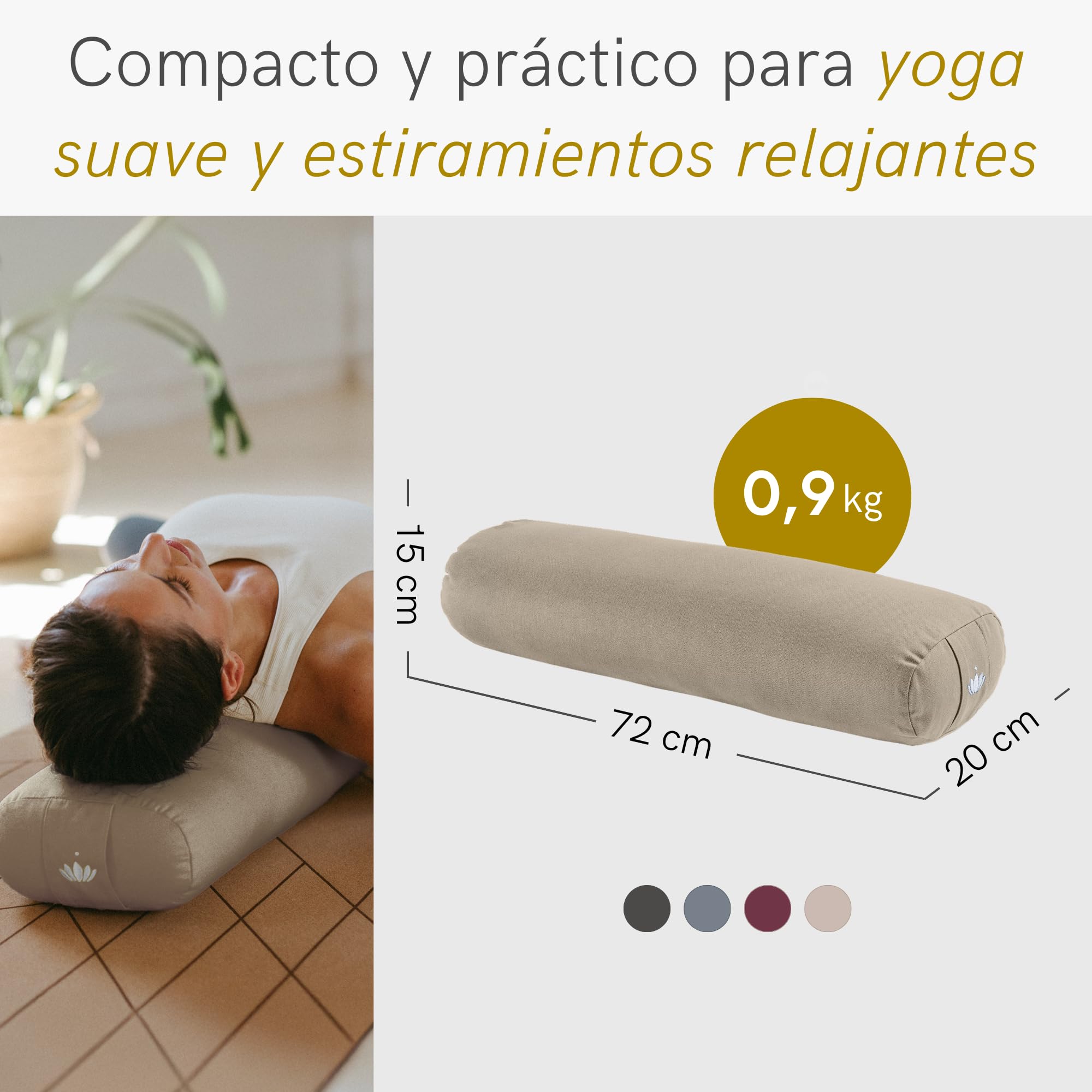 Lotuscrafts Cojín de Yoga para Yin Yoga, Rollo, Funda Lavable de algodón orgánico, cojín con Relleno de ceiba, Rollo de Pilates, cojín de meditación