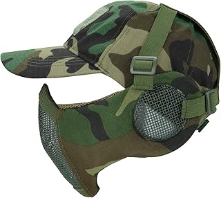 Foldable Half Face Mesh Mask and Cap Set, Adjustable Airsoft Mesh Mask with Ear Protection and Baseball Cap Comfortable Lower Face Protective Mask for CS/Hunting/Paintball/Shooting