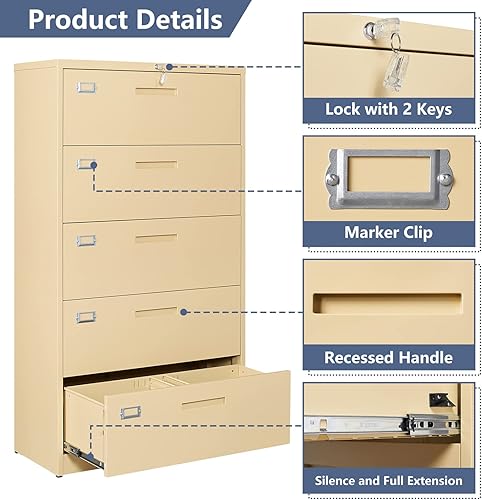 Miniatura 6 de Archivador lateral de 5 cajones, archivador de metal con cerradura para oficina en casa, cajones más profundos con barras ajustables para colgar