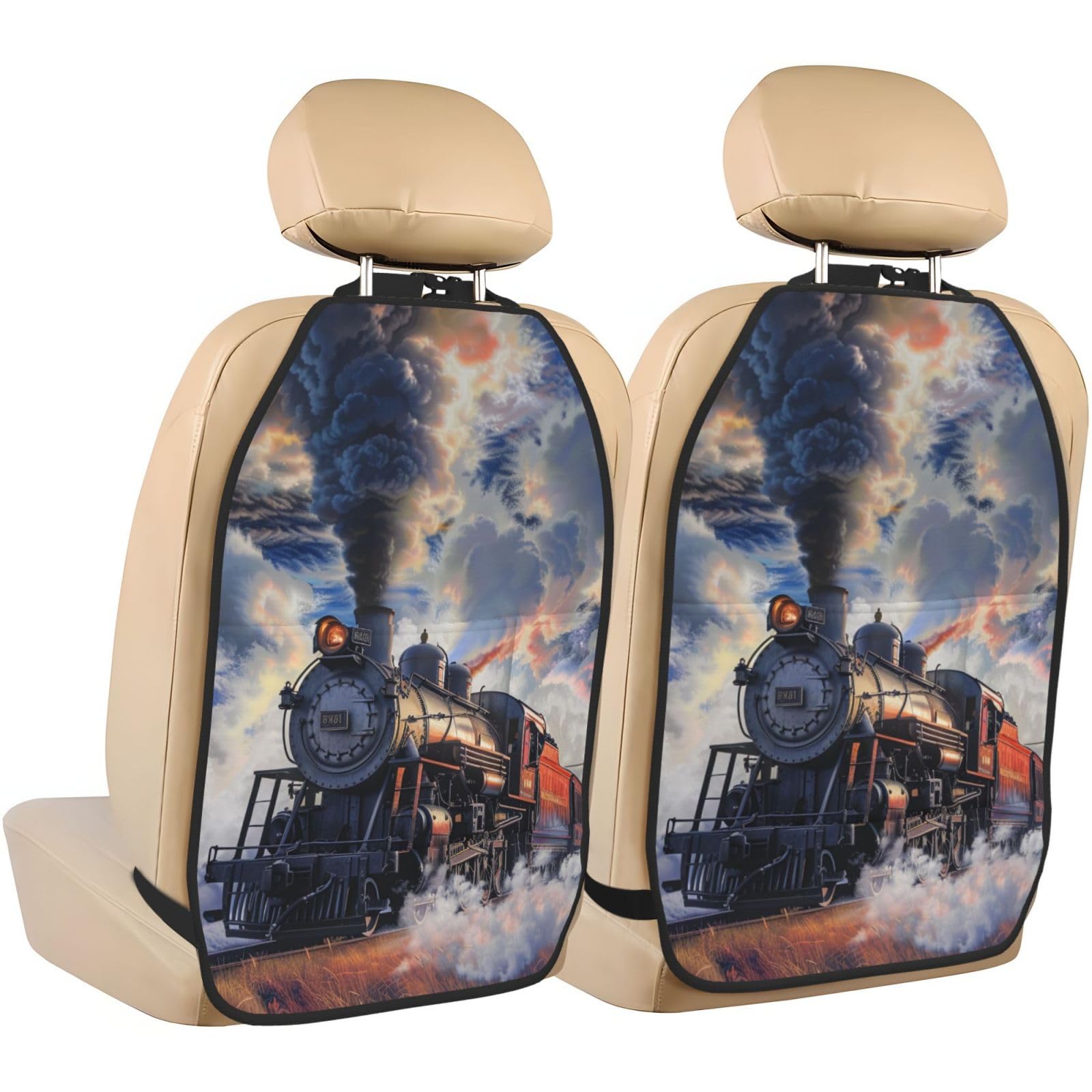 JTNWEC Steam Train Clouds Print Car Seat Kick Mats with Organisers 2 Pack Backseat Protector Seat Covers for Your Car, SUV, or Truck