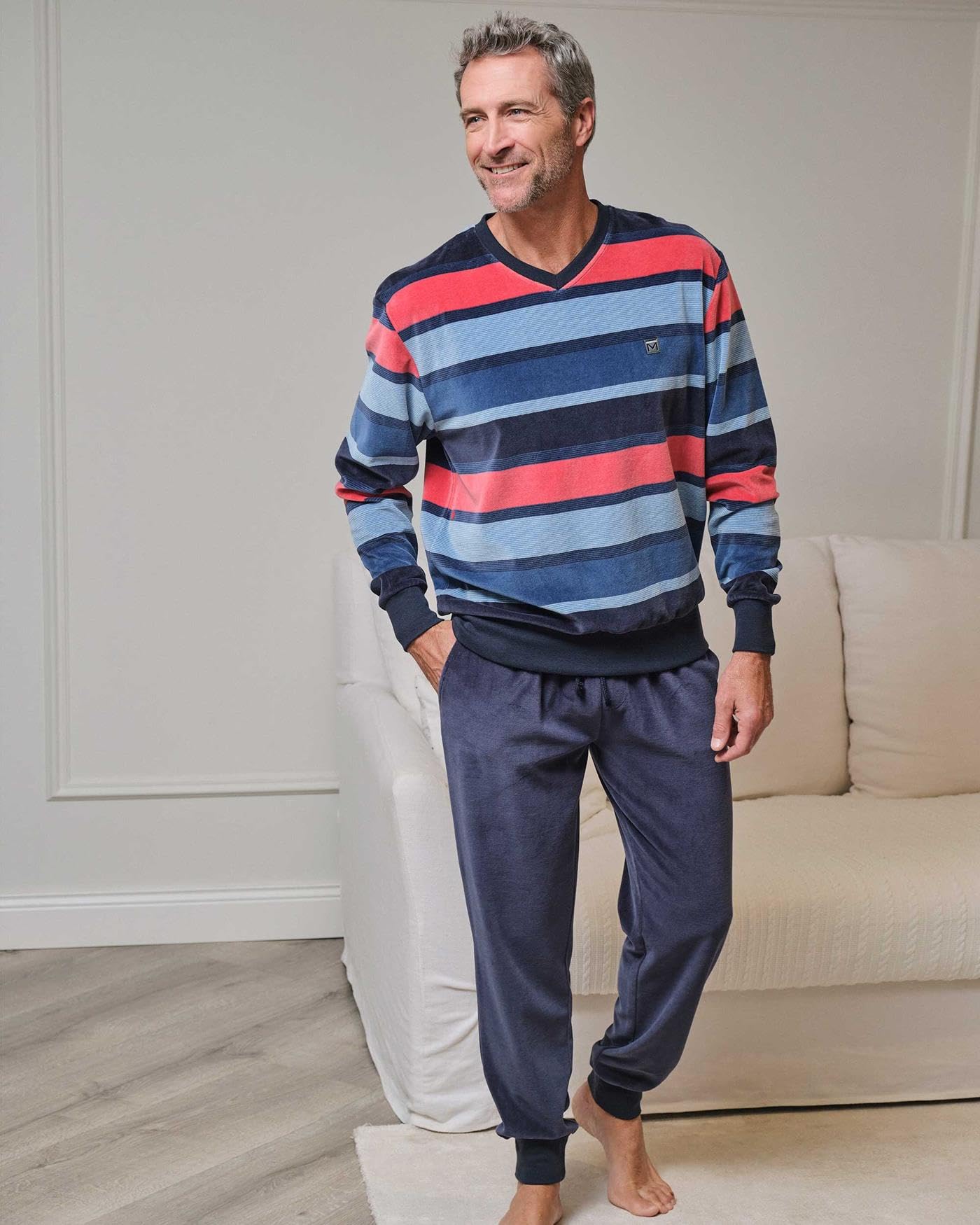 MASSANA Pijama de Invierno para Hombre, Manga Larga, 80% Algodón 20% Poliéster, Conjunto de 2 Piezas, Azul/Marino
