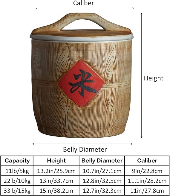 Ceramic Rice Bucket, 5kg 10kg 15kg Rice Bucket with Lid, Hand Carved. Grain Storage Food Dispenser, Rice Storage Bins, Sealed Storage Tank, Food Containers Jar for Rice, Soybeans, Corn(5KG)