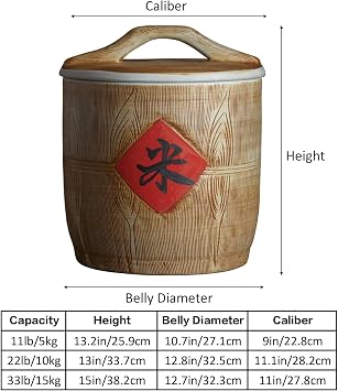 Ceramic Rice Bucket, 5kg 10kg 15kg Rice Bucket with Lid, Hand Carved. Grain Storage Food Dispenser, Rice Storage Bins, Sealed Storage Tank, Food Containers Jar for Rice, Soybeans, Corn(5KG)