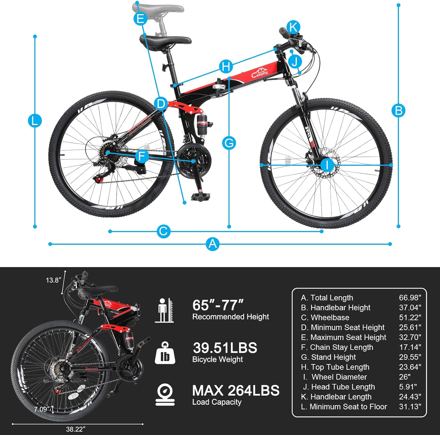 Ktaxon Folding Mountain Bike 21-Speed Adult Bikes 26/27.5 Inch Bike with High Carbon Steel Frame, Double-Kill Disc Brake System, Thickened Shock-Absorbing Front Fork