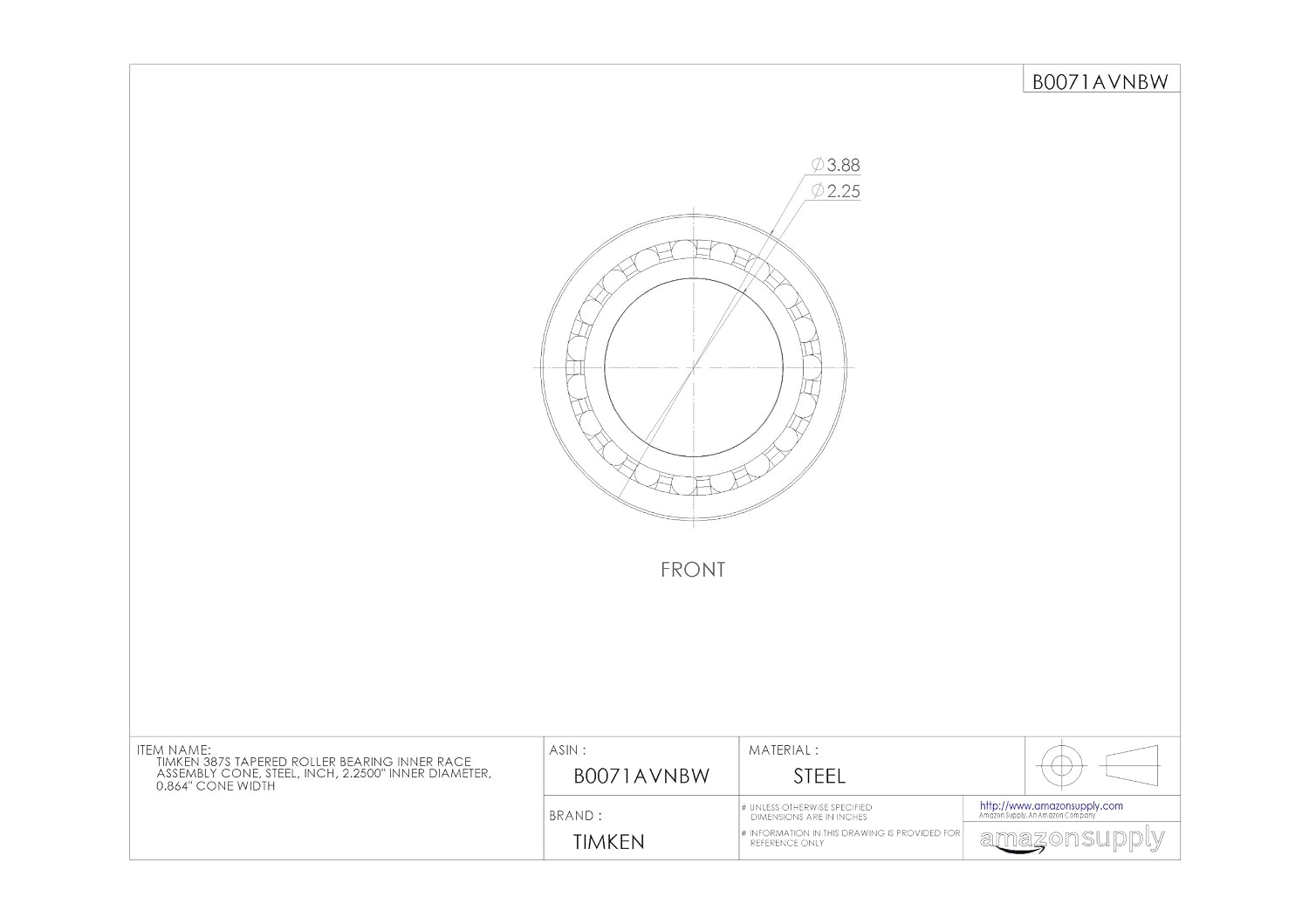 Timken 387S Tapered Roller Bearing Inner Race Assembly Cone, Steel, Inch, 2.2500" Inner Diameter, 0.864" Cone Width