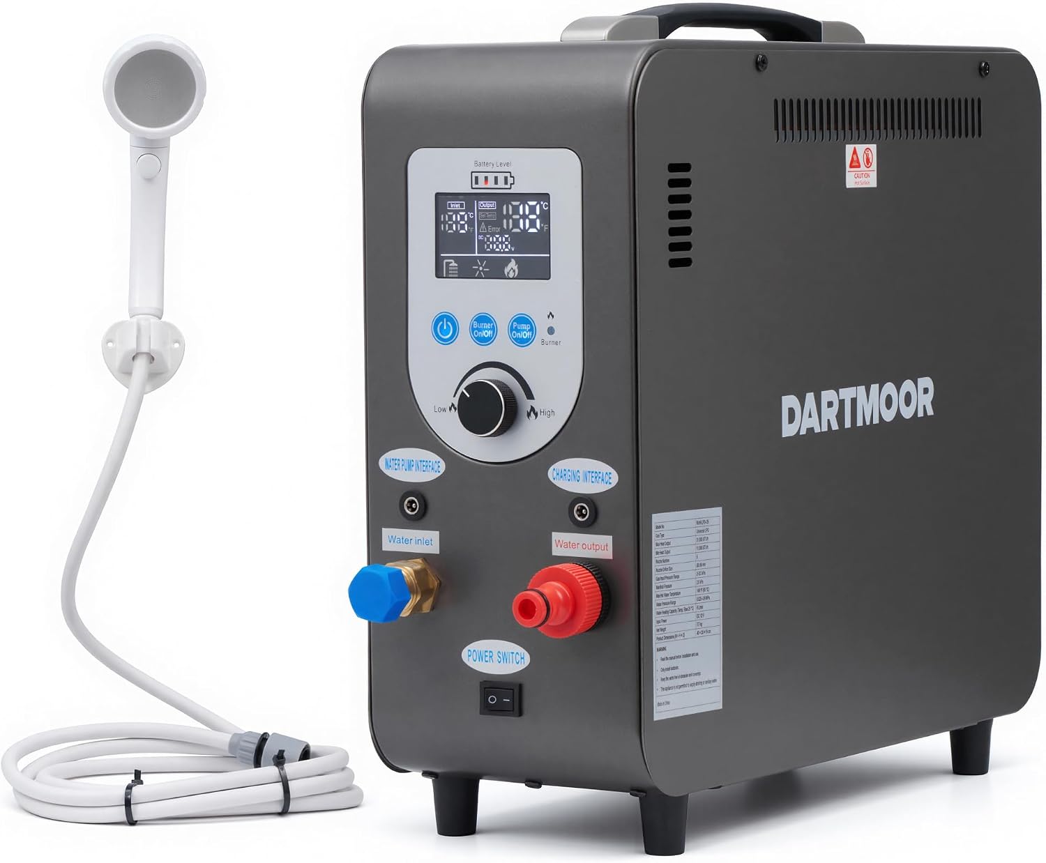 DARTMOOR Portable Propane Water Heater, Battery Powered Outdoor Portable Shower with 37500 BTU LCD Display Auto Shutoff, Camping Shower with 4500mAh Rechargeable Battery for Hunting Cleaning Camping