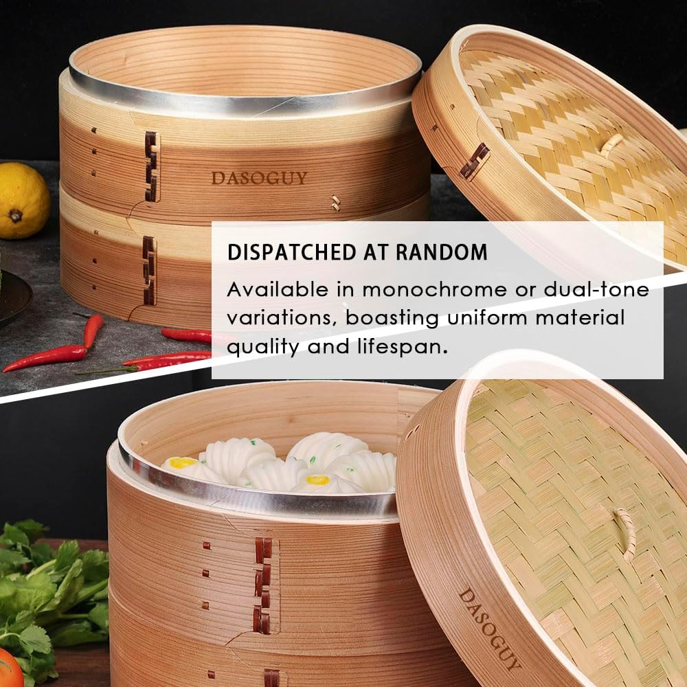 Deepen 8.6 Inch Handmade Wood Steamer with Stainless Steel Rings, 2 Tiers Steam Basket for Dumpling Dim Sum Bun Rice Chinese Food, Present 2 Cotton Liners
