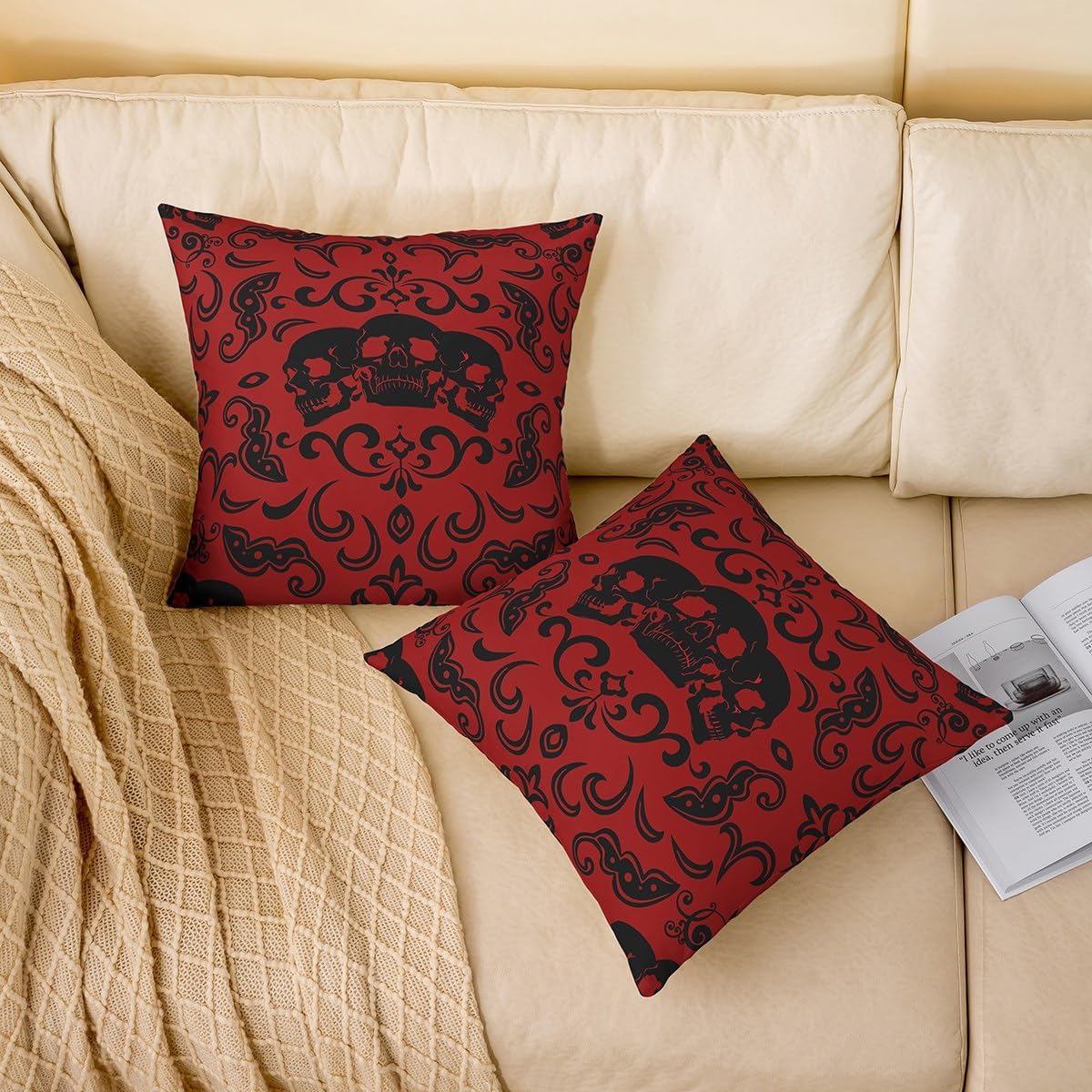Erosebridal Set of 2 Halloween Skull Throw Pillow Covers 24x24 Inch Retro Baroque Damask Goth Pillow Covers Halloween Red and Black Skeleton Gothic Cushion Covers,Black Horror Cushion Case
