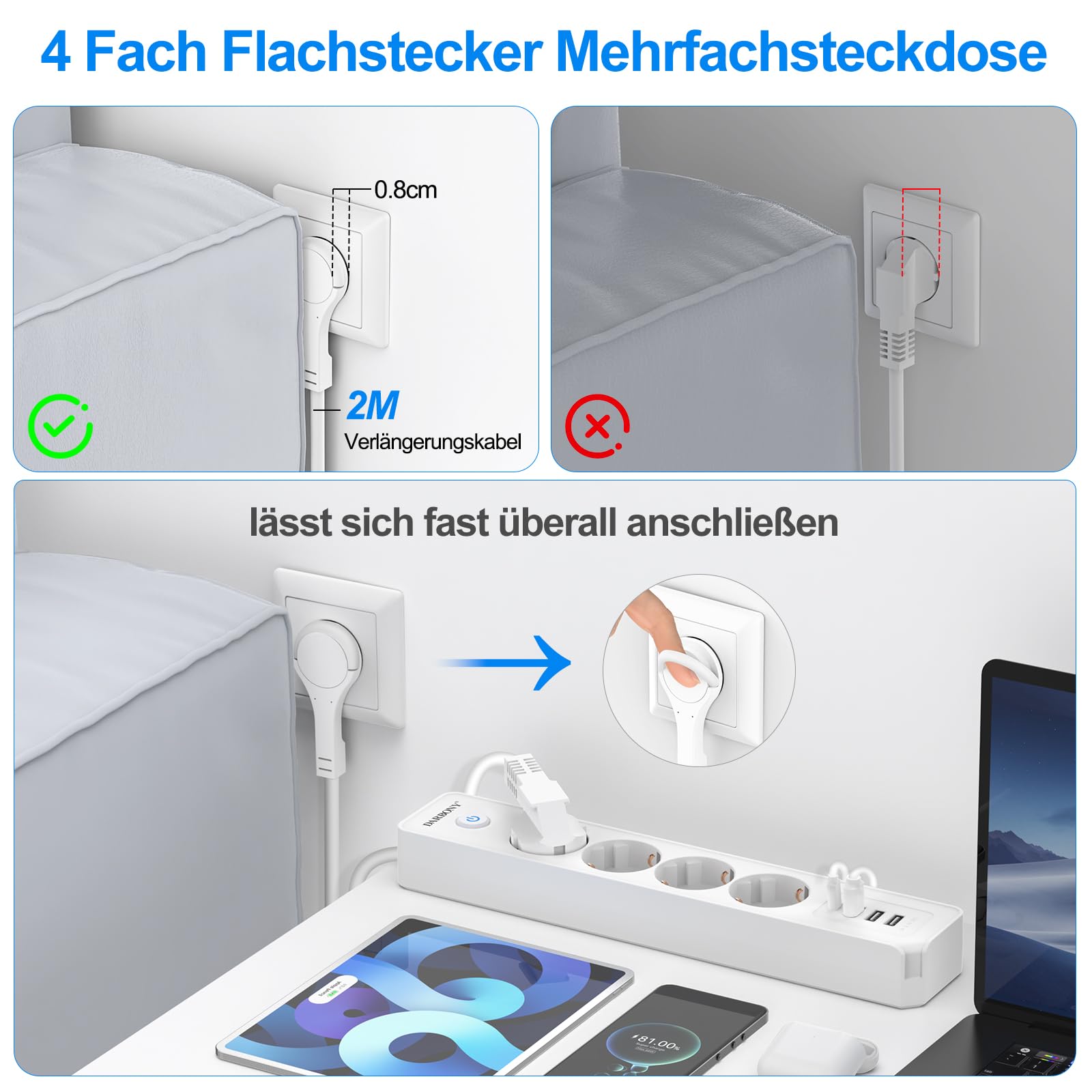Darbony Listwa zasilająca z 4 gniazdami USB, z przełącznikiem, 4-krotna, ochrona przed przepięciem, 3680 W, 16 A, z gniazdem rozdzielającym USB C, do biura, odtwarzacz CD, kabel 1,8 m, biała
