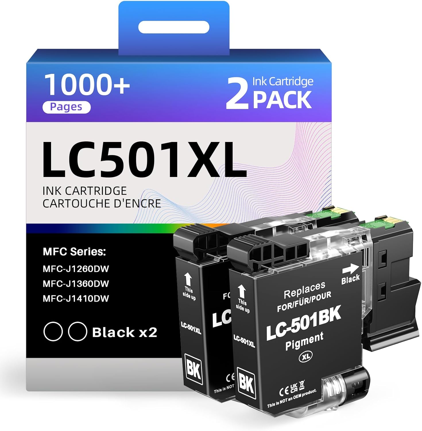 Skydo [2 Black] LC501XL Black Ink Cartridges 2 Pack Compatible Replacements for Brother LC501XL LC501 Black Use with Work Smart MFC-J1260DW MFC-J1360DW MFC-J1410DW Printer