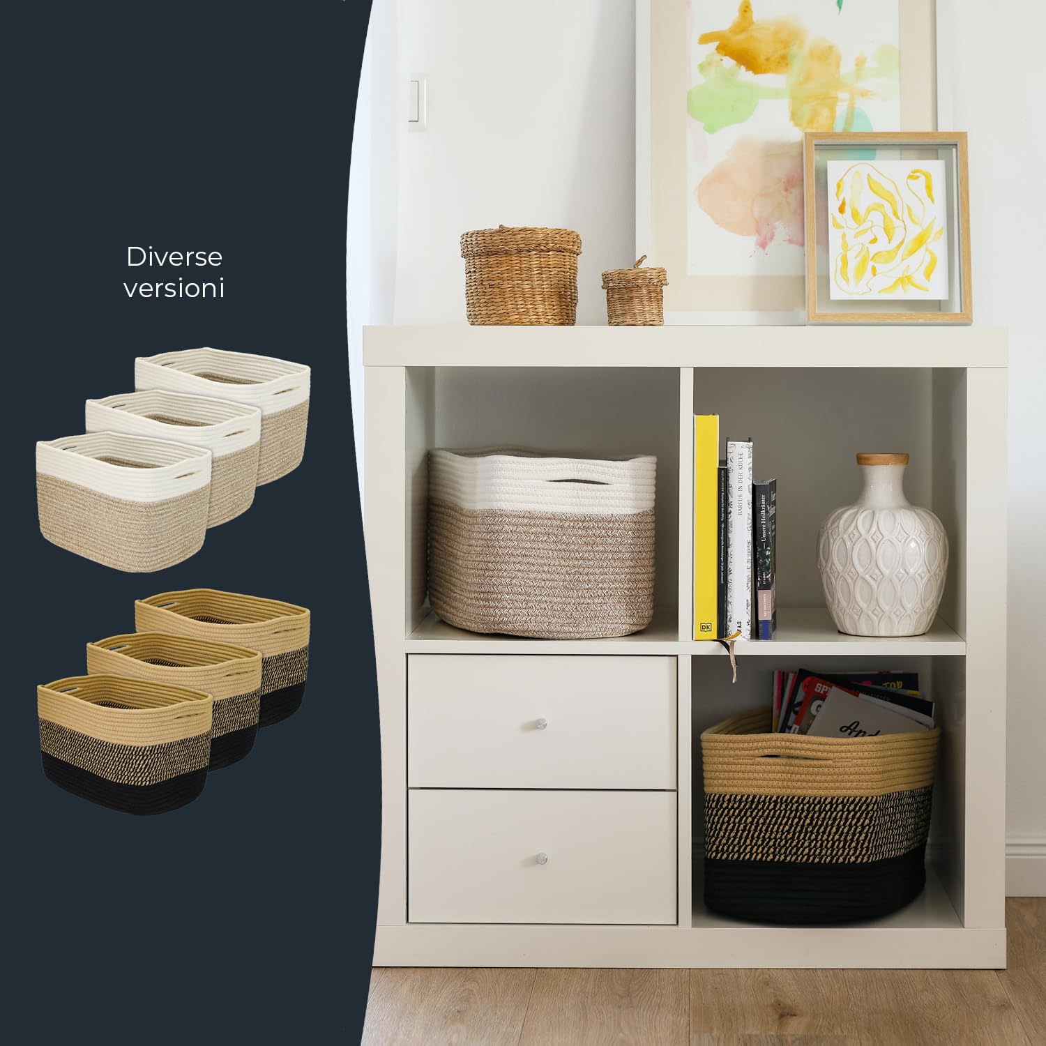 HMF - Cesto portaoggetti con maniglie nascoste, set di 3, cesto in cotone, dimensioni: 37,5 x 25 x 22,5 cm, colore: nero miele