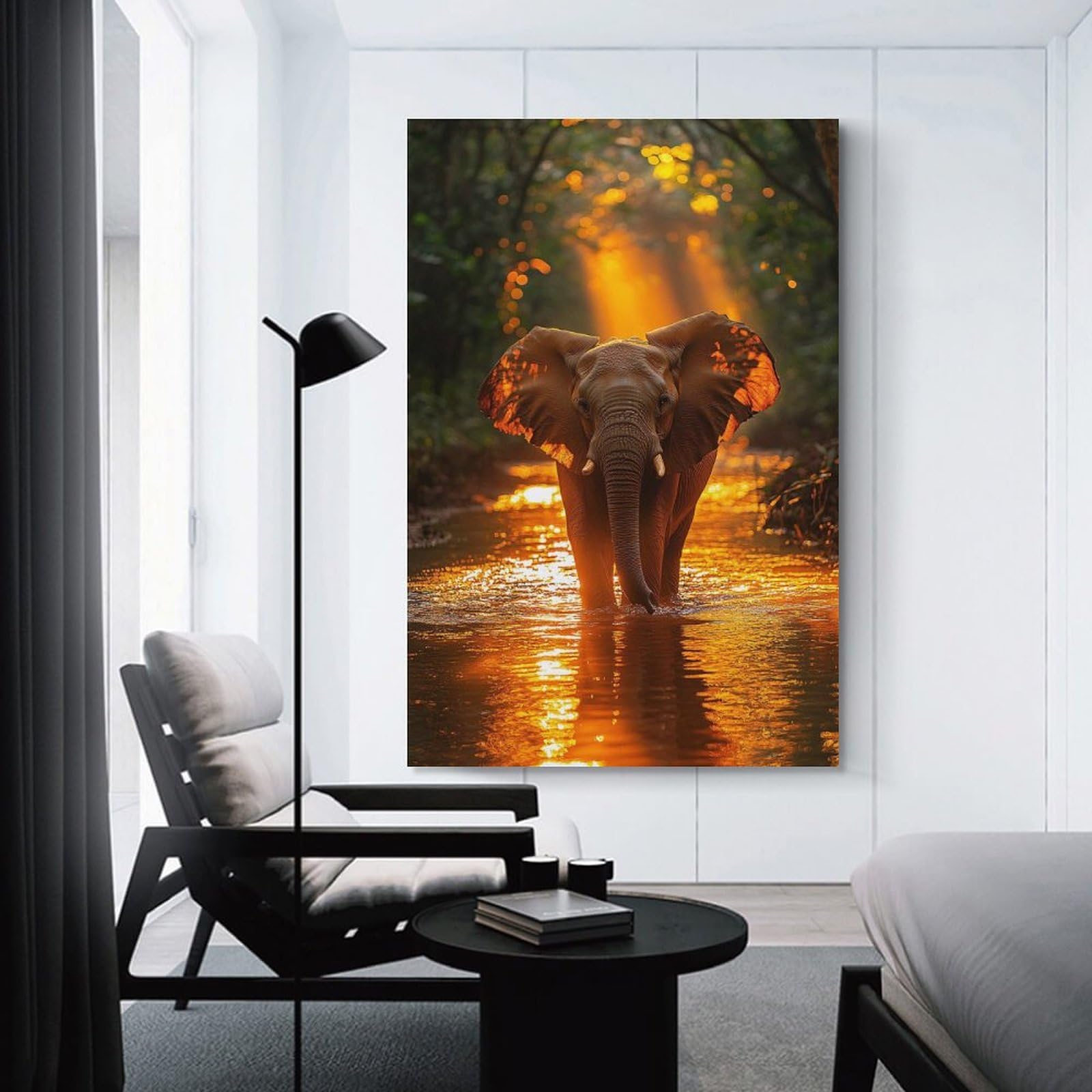 Junmoney Elephant in Golden Light Wall Decor Canvas Print 24x36inch(60x90cm), for Lounge, Study, Hallway Or Flat Walls, Decorative Artwork with Broad Appeal