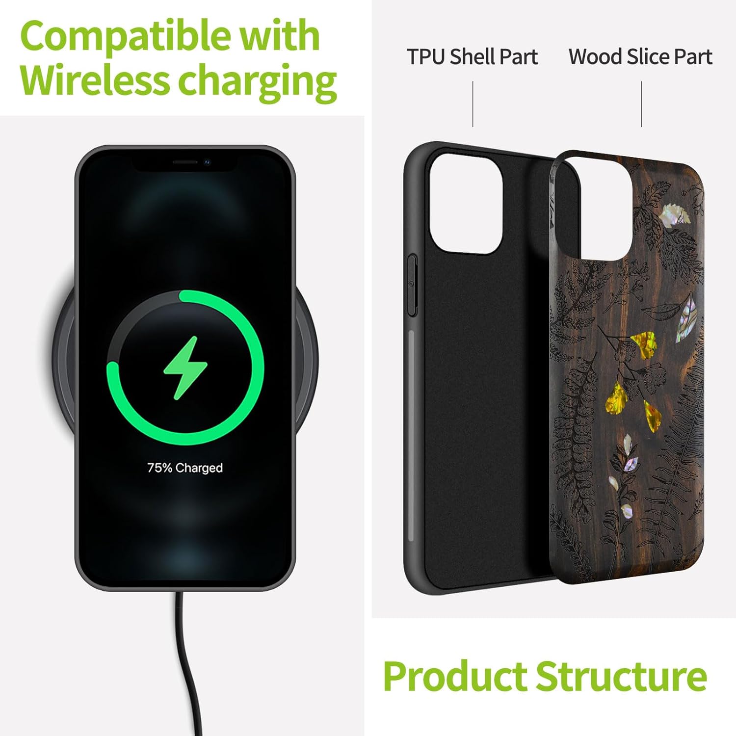Carveit Designer Wooden Protective Case for iPhone 11 Pro Cover [Wood Engraving & Shell Inlay] Compatible with 11 Pro Case (Fern Leaves & Herbs-Blackwood)