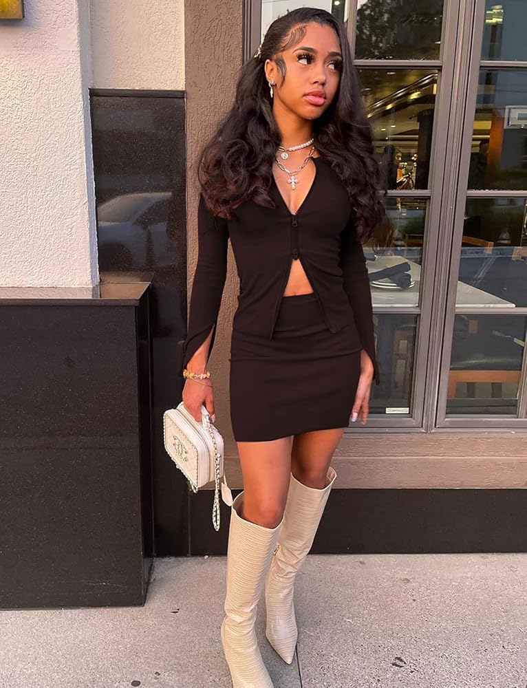 Amazon.com: BYDIVA Women's Beauty Two Way Ribbed Tops and Skirts Sets Double Zipper Two Piece Outfits : Clothing, Shoes & Jewelry