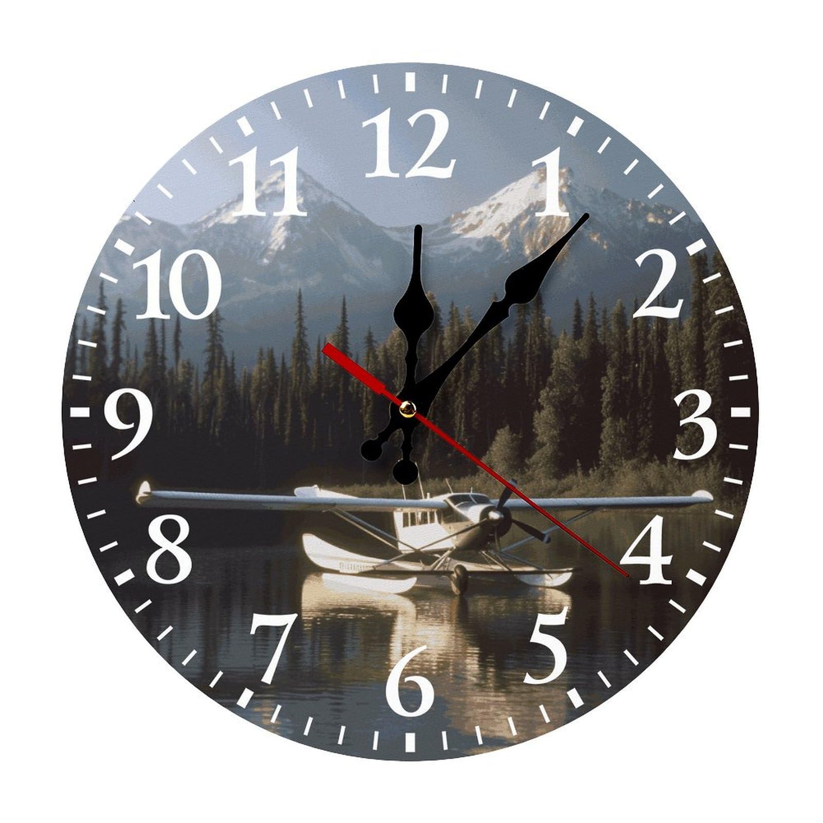 QMNLKH Airplane on Lake Wall Clock for Home, Battery Operated Clock for Hotel, Round Wall Clock with Arabic Numerals White, Easy to Read, Non-Ticking Clocks for Living Room 30 * 30cm