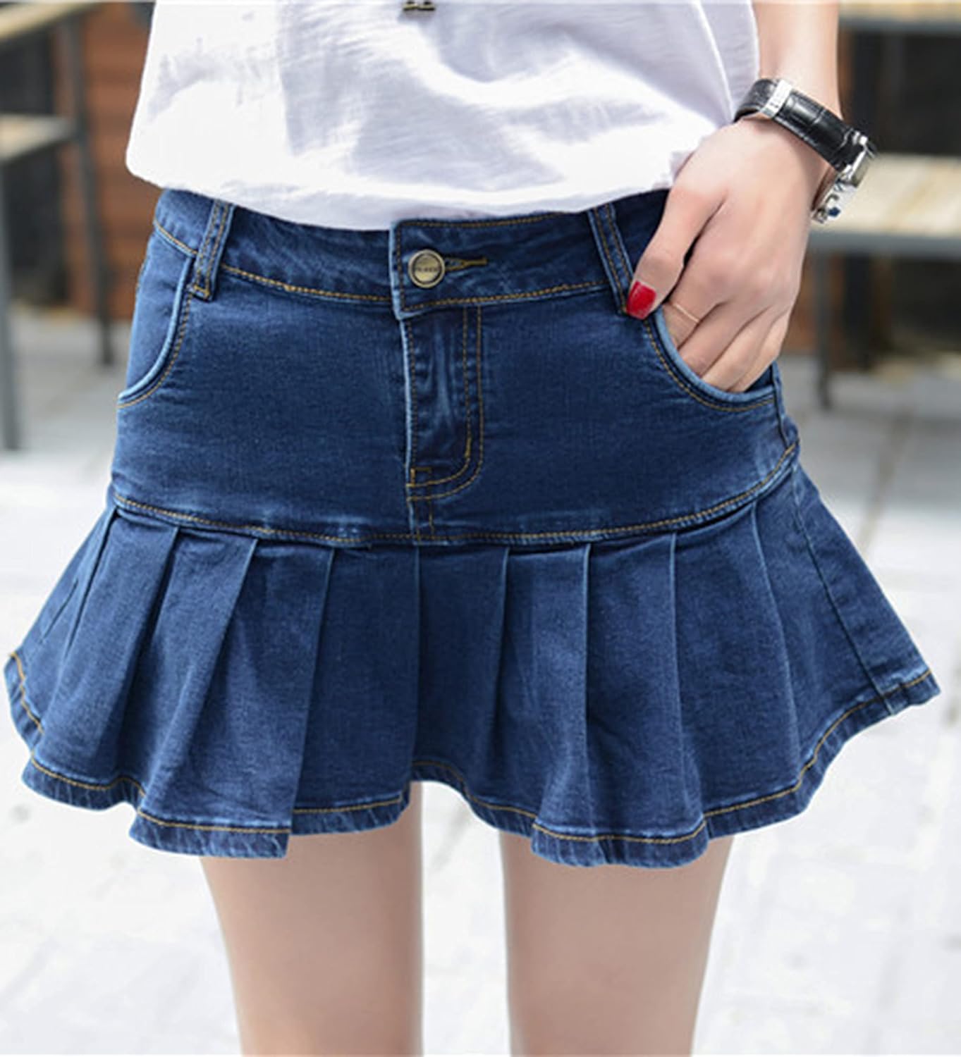 Dqbeng Women's Pleated Denim Mini Skirt Casual A-Line Short Jean Skater Skirts with Pockets - Image 4