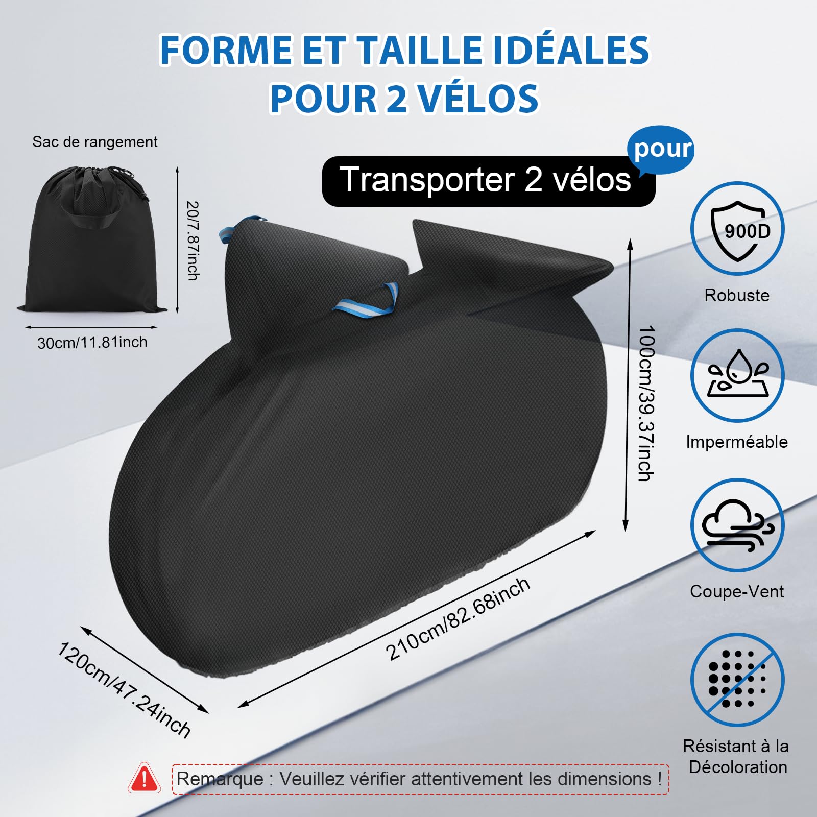 Housse de Vélo pour Transport 2 Vélos - Wemjaly Revêtement PU 900D Bache Velo Exterieur, Imperméable et Robuste, avec Cordon élastique de 6M, Housse Velo Compatible avec les Porte-Vélos de Voiture - 4