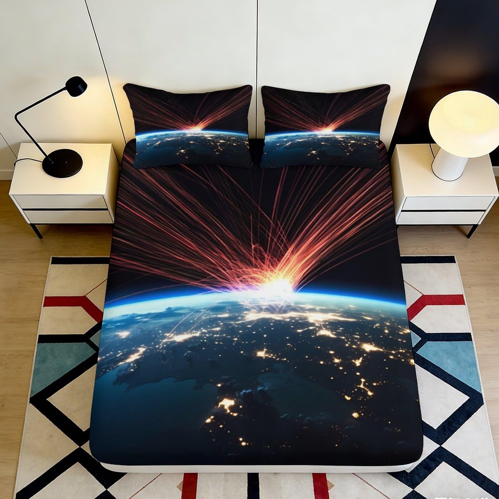 Jxqhbvmg Style-2 3D Printed Space Planet Fitted Sheet Microfiber Deep Pocket Bedroom Bedding Non-Slip Space Mattress Fitted Cover For Adults Teens 90X200x25cm