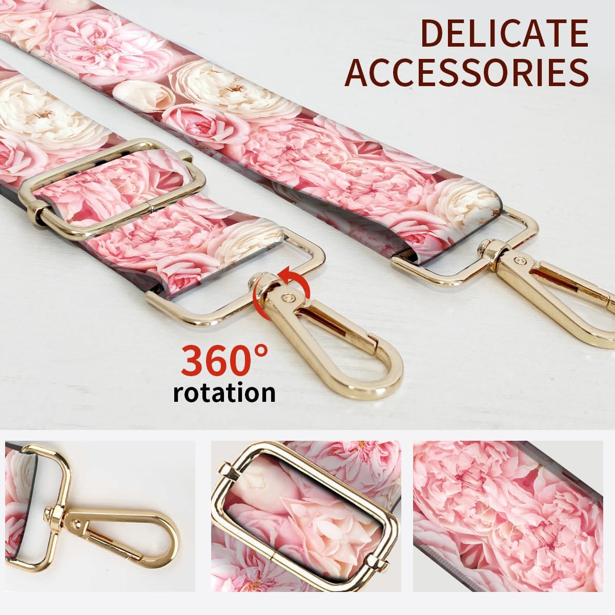 Purse Strap Replacement Crossbody, 3.8cm Wide Shoulder Strap Adjustable Replacement Belt Gold Buckle, Handbag Crossbody Bag Strap Cute Pink Flowers - Image 2
