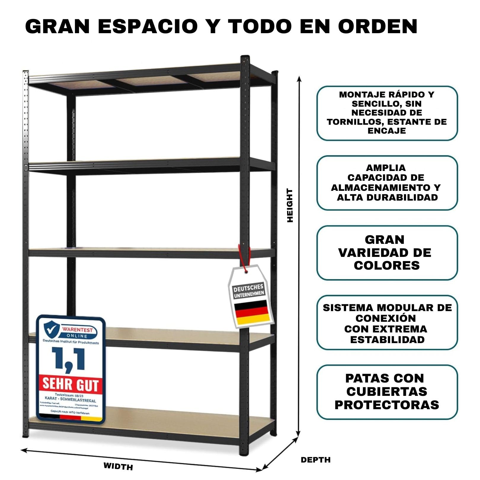 KARAT Estantería para cargas pesadas, juego de 2 unidades, 180 x 90 x 40 cm, 5 estantes ajustables, color negro