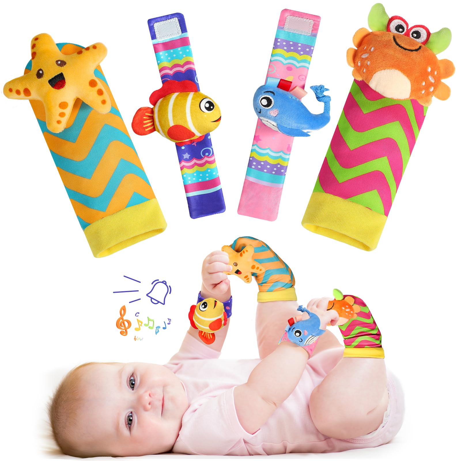 URMYWO Wrist Rattles for Baby - Rattle Socks - Foot Finder Set - Baby Toys for 0-12 Months Infant - Newborn Essentials - Early Learning Sensery Toys for Boy Girl as Shower Gifts Easter Basket Stuffer