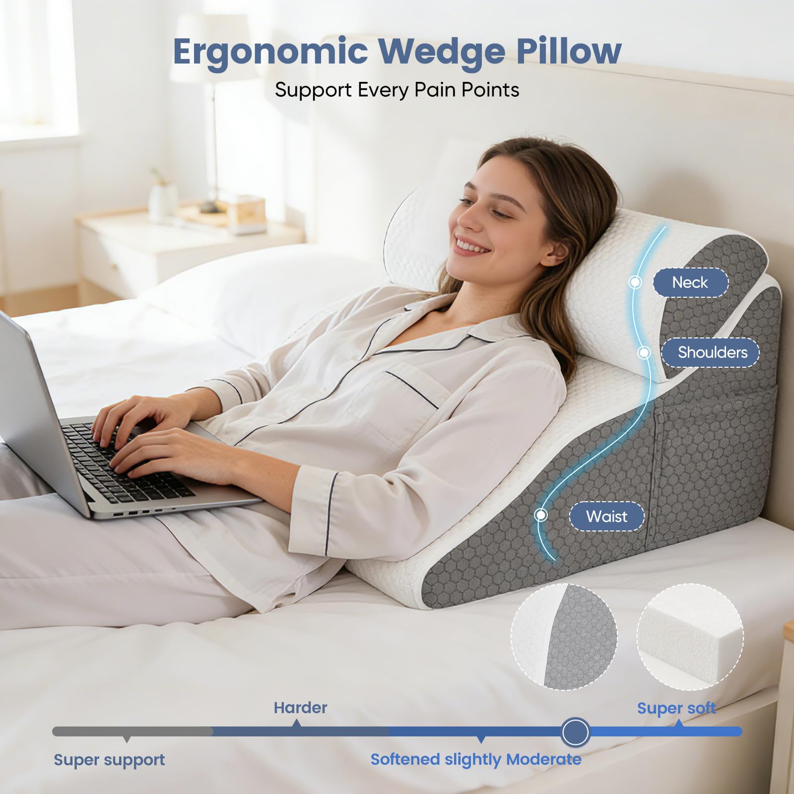 Coussin de lecture pour lit et canapé, coussin biseauté incurvé avec mousse à mémoire de forme, oreiller de dossier ergonomique, coussin reflux, housse lavable, coussin reflux adulte, 50 x 50