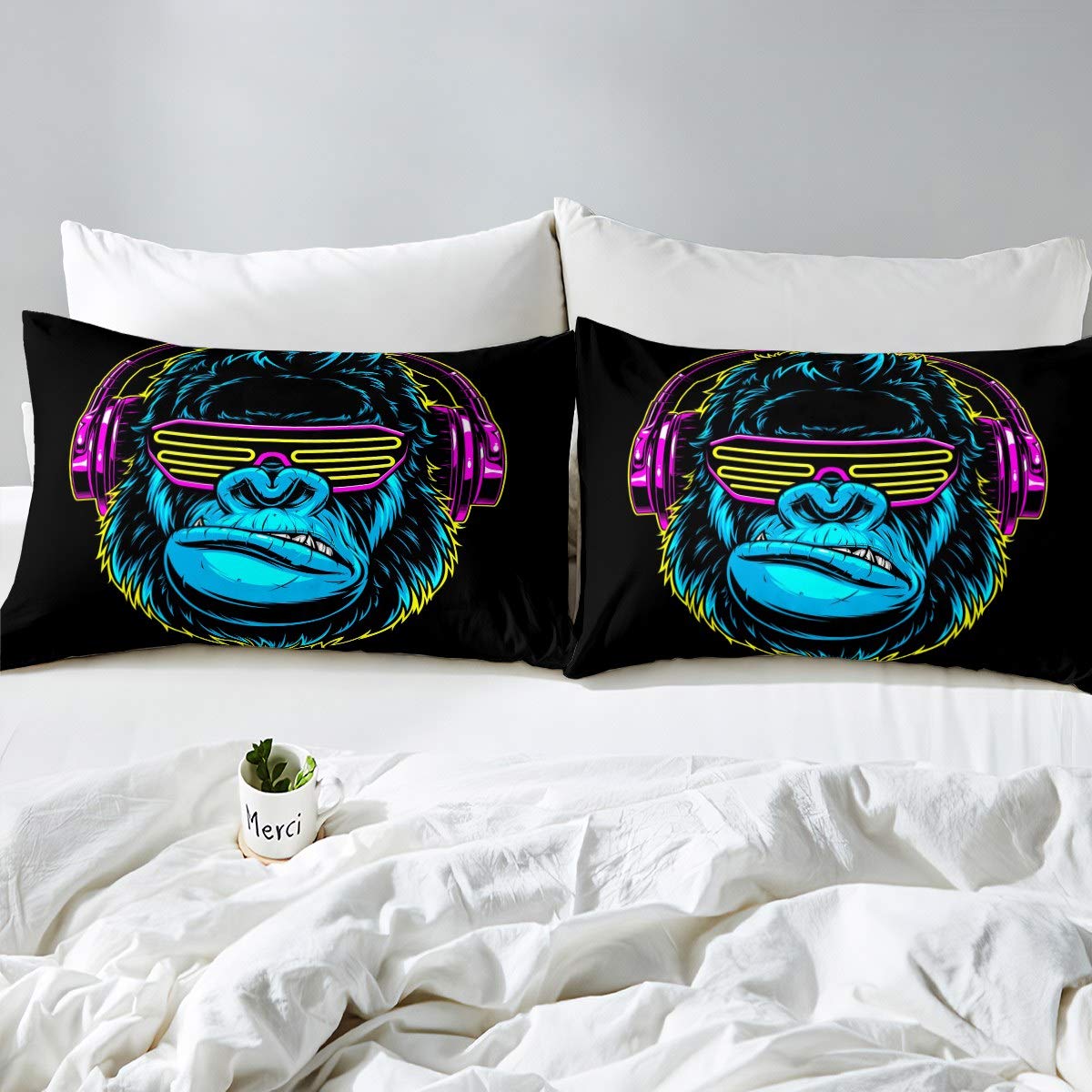 Loussiesd Set di biancheria da letto per bambini e ragazzi, stile hip hop, decorativo, motivo musica rock, blu, rosa, con animali selvatici, per letto king size, 3 pezzi
