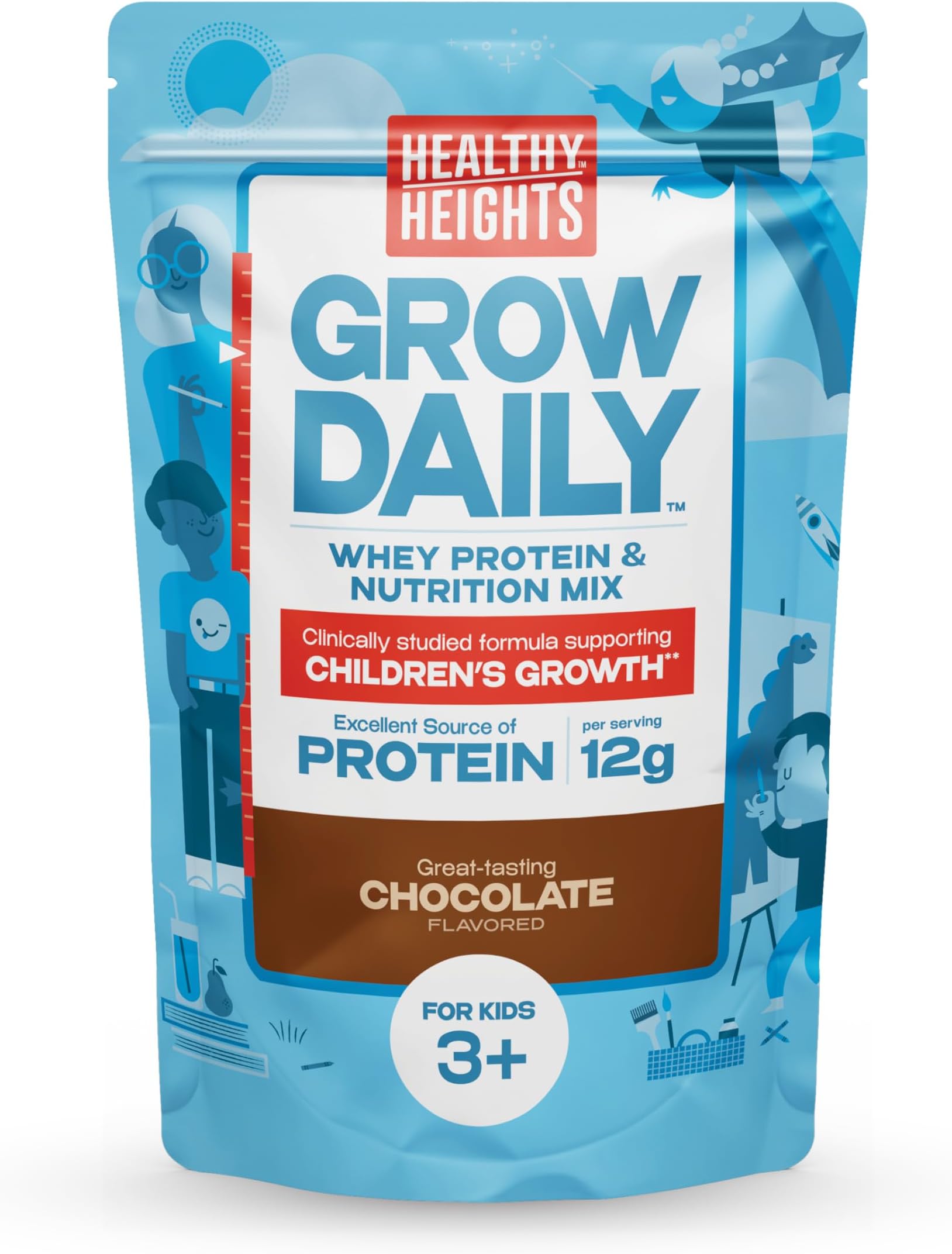 Healthy Heights Grow Daily Kids Protein Drink Mix (Chocolate) - High Protein Shake for Kids 3+, 21.6 oz