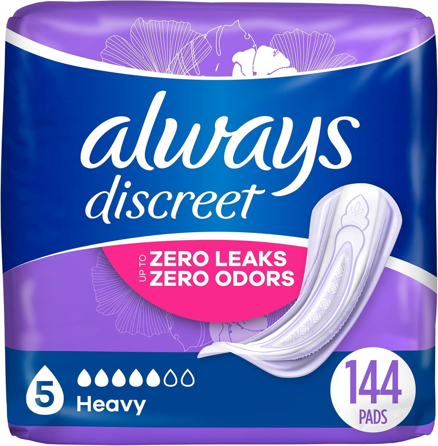 Always Discreet Adult Incontinence & Postpartum Incontinence Pads for Women, Heavy Absorbency 48 Count x 3 Packs (144 Count total) (Packaging May Vary) Regular 144