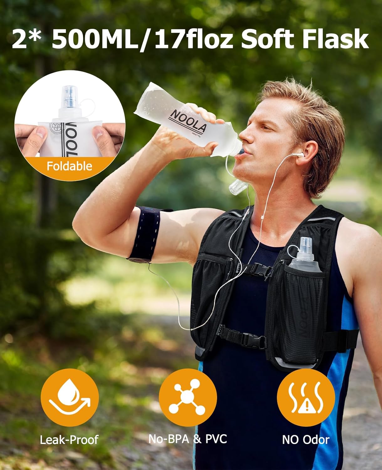NOOLA Running Vest with Dual 500ml Soft Flask, Lightweight Hydration Vest for Women Men, Water Backpack with Adjustable Strap - Image 2