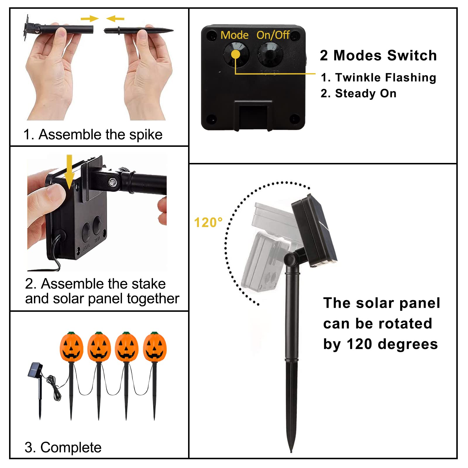 Halloween Pumpkin Pathway Lights Outdoor, Set of 4 Solar Pre-lit Jack-O-Lanterns Pathway Markers Stake Waterproof for Path, Yard, Lawn, Garden, Landscape Halloween Party