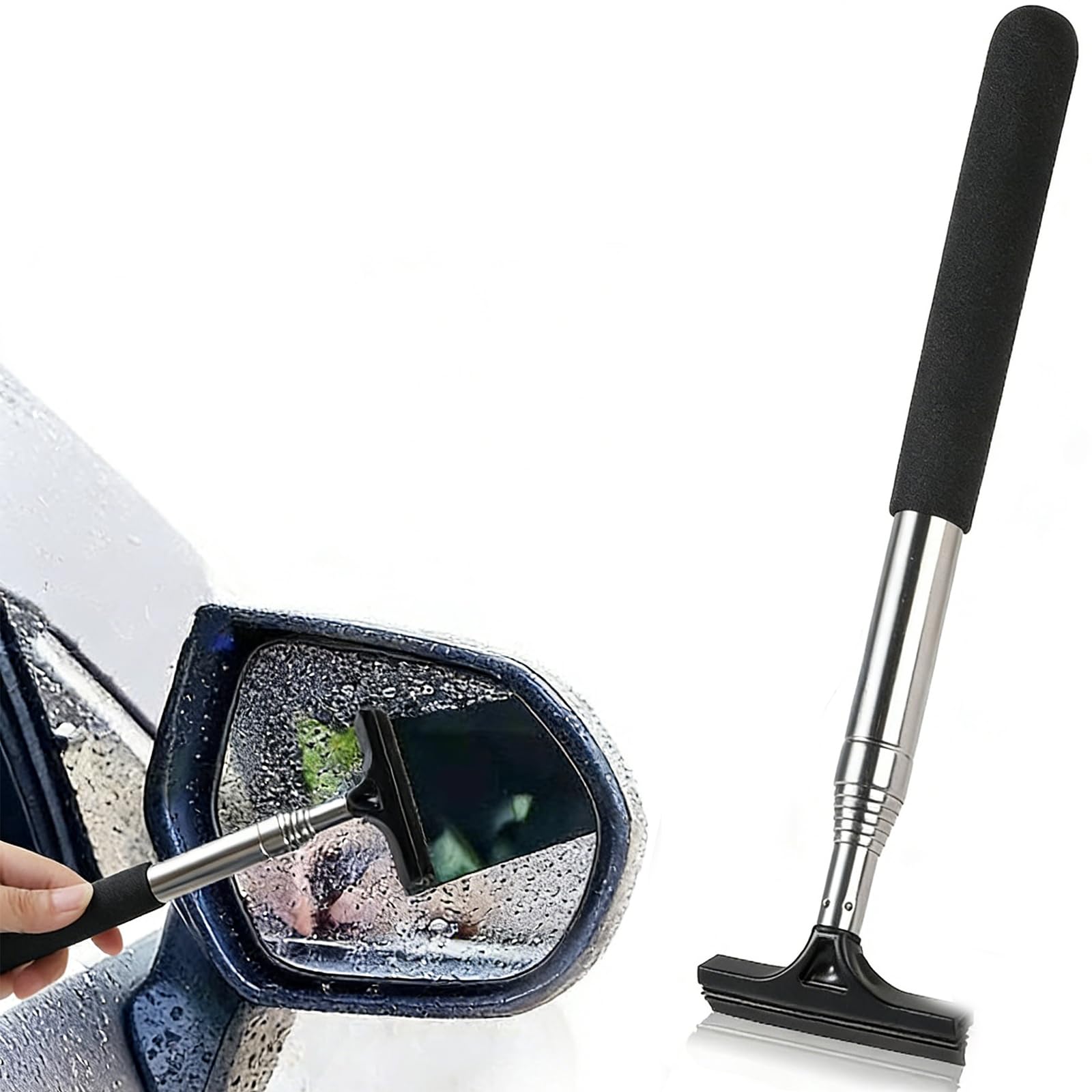Holooveranillo Black Auto Rearview Mirror Wiper, Retractable Window Squeegee, Waters Side Mirror Wiper With Telescopic Long Handle,Snow Brush & Ice Scraper Car Accessories Cleaner Tool,For Car Rear View Mirror- Wipers