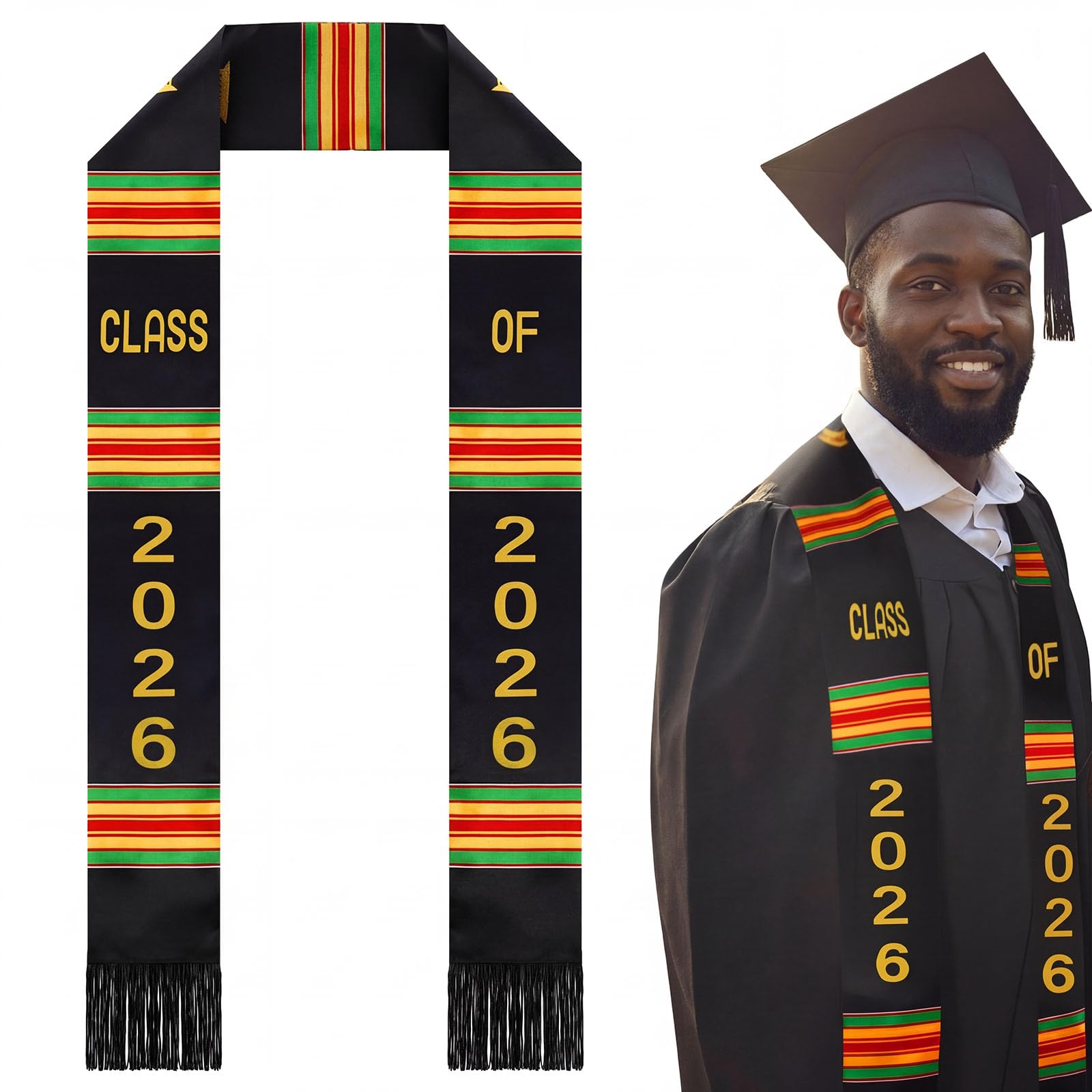 Graduation Stole Kente Stole Black Authentic African Art 72" x 4.8" for Adult College Unisex Grads Celebrate-image-8