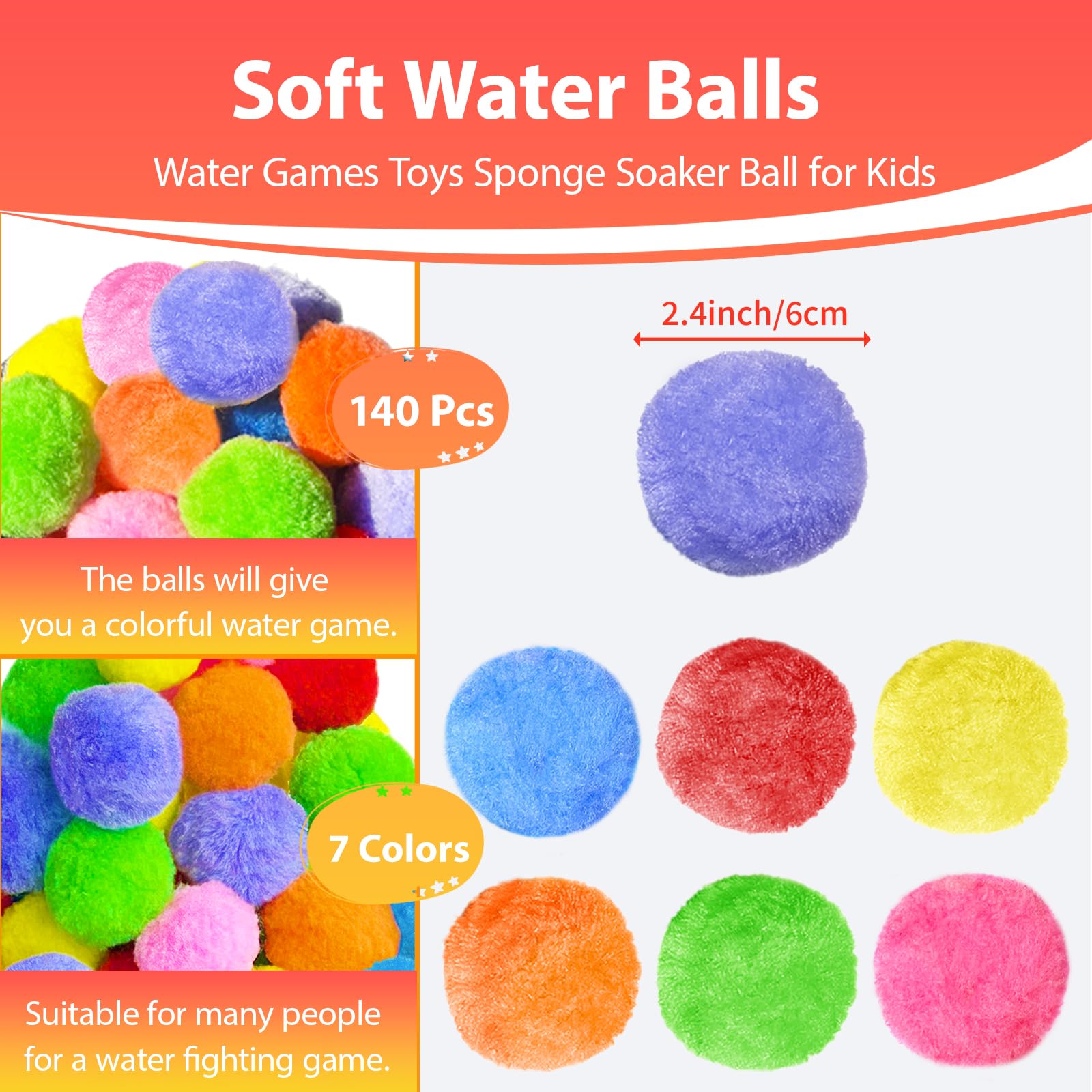 140 palline d'acqua riutilizzabili, 6,1 cm, colorate, con borsa a rete, per bambini, feste in piscina, prato, spiaggia, attività all'aperto