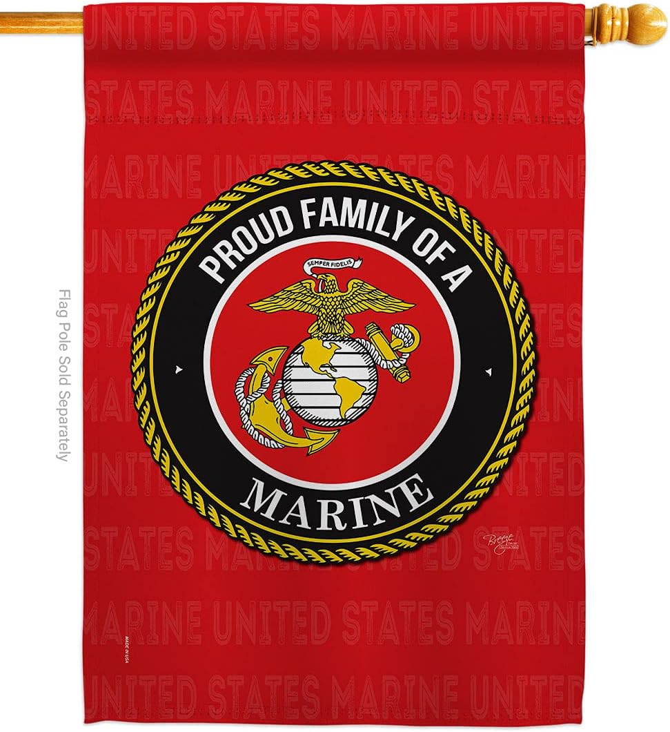 Marine Corps Proud Family Marines Burlap House Flag Armed Forces USMC Semper Fi United State American Military Veteran Retire Official Small Gift Yard Banner Double-Sided Made In USA 28 X 40