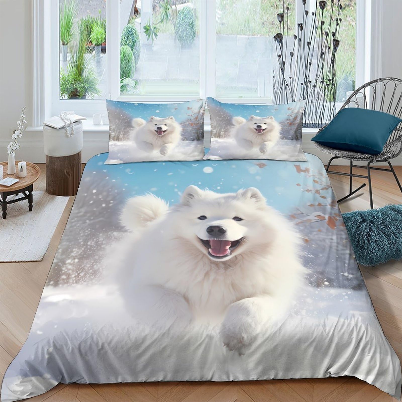 GPLZQXKJNH 3D Printed White Samoyed Dog Duvet Cover Microfiber Soft Breathable Snow Winter Bedding Set with 2 Pillowcases for Bedroom Decor Single（135x200cm）