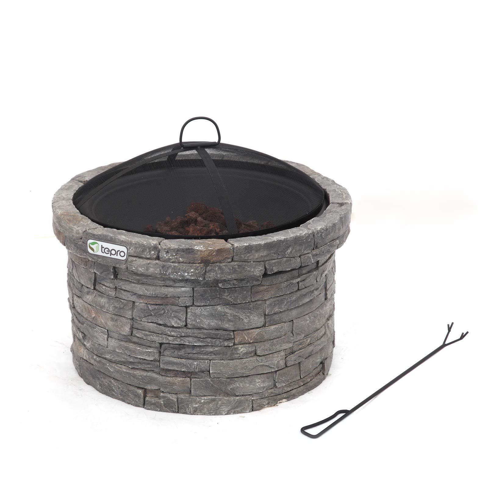 tepro Feuerstelle Gladstone Ø 67,5 cm – Outdoor Feuerstelle in eleganter Steinoptik mit Funkenschutz, Feuerrost & Schürhaken – dekorative Garten-Feuerschale mit feuerfester Stahlwanne