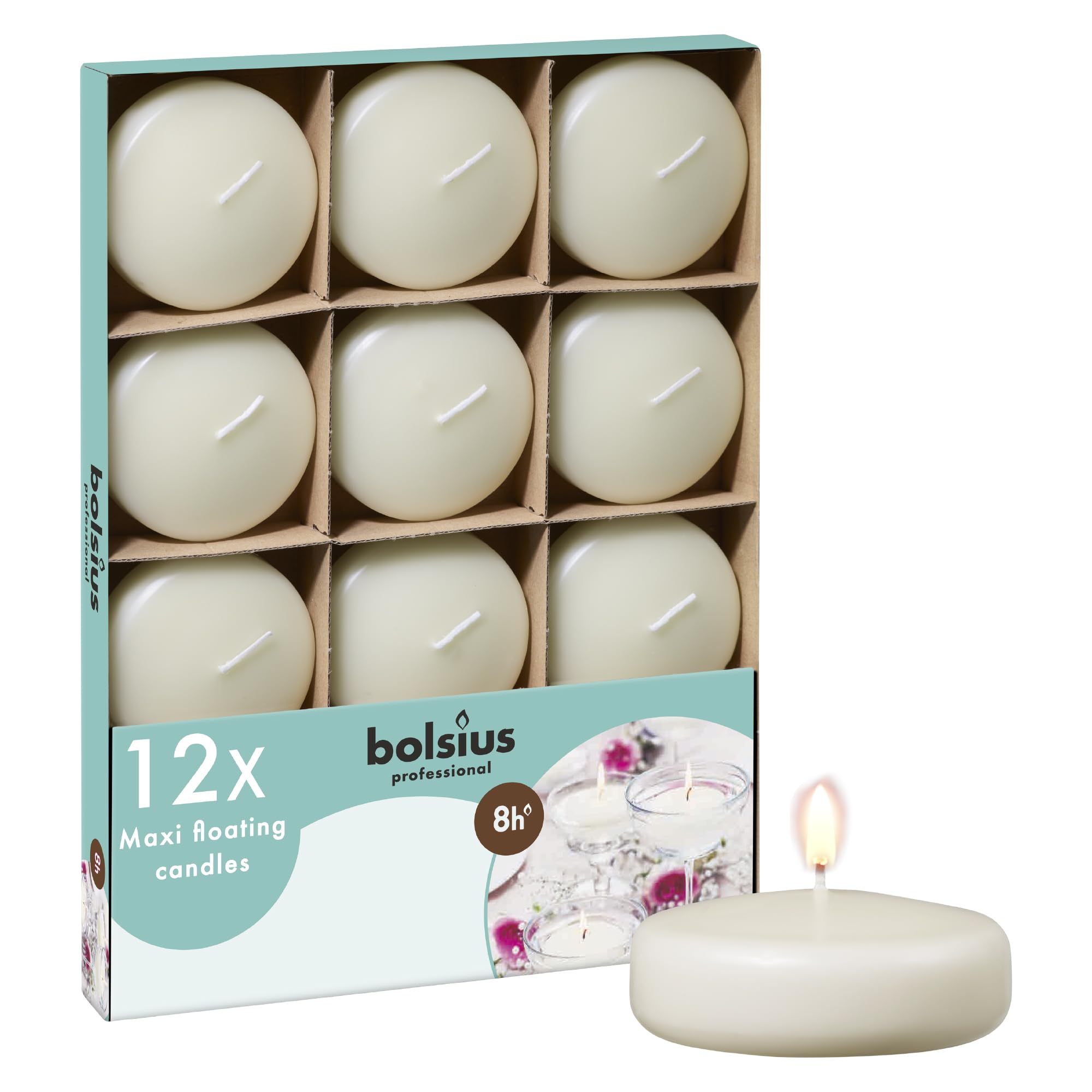 Bolsius - Maxi Floating Candles - Ivory - 12 Pieces in a Box - Ø 7.6 cm - Burning Time 8 Hours - Fragrance-Free - Paraffin Wax - XL Floating Candle - Various Occasions