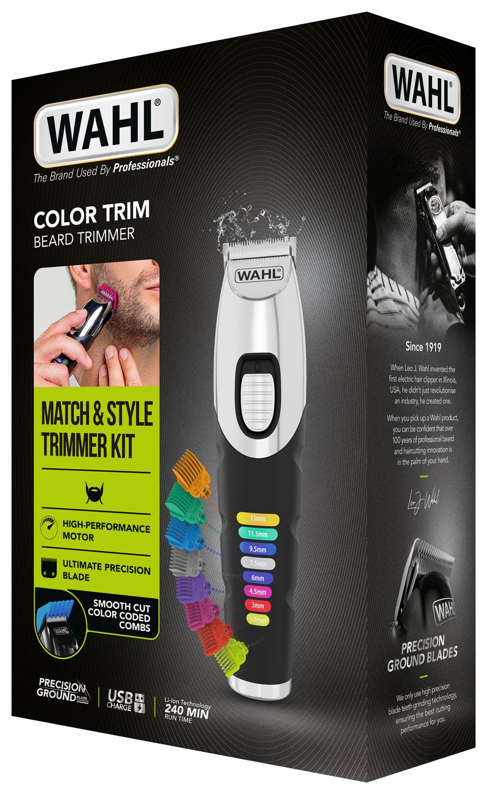 Wahl Tondeuse à barbe Colour Trim - Peignes de guidage innovants à code couleur - 240 minutes d'autonomie - Chargeur USB - Idéal pour la salle de sport et les voyages - Lames affûtées avec précision