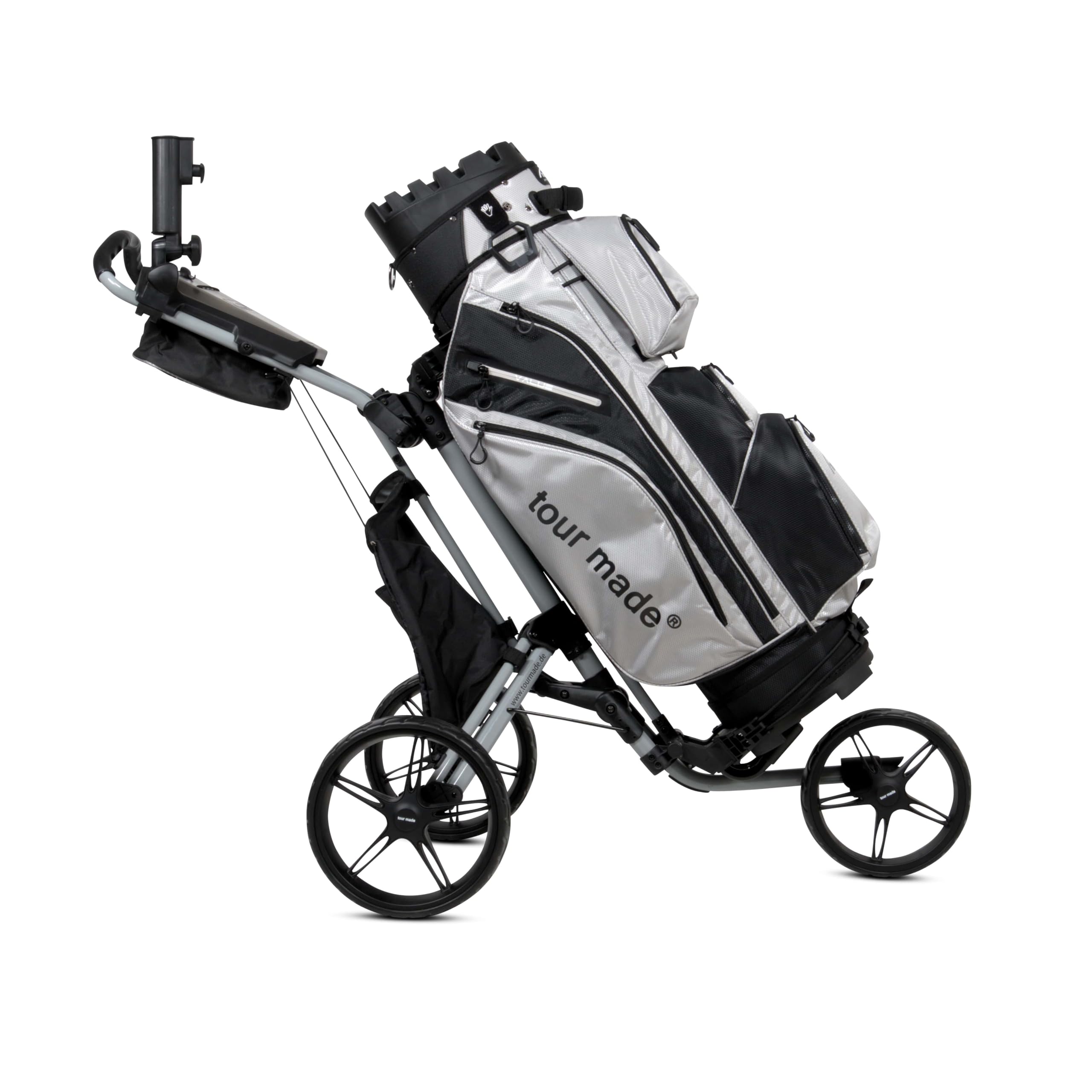 tour-made Chariot de Golf Pliable RT-140/150 & 160 I Chariot de Golf à Pousser I 3 Roues I Charge maximale de 25 kg I Qualité Allemande I Nombreux Accessoires Inclus
