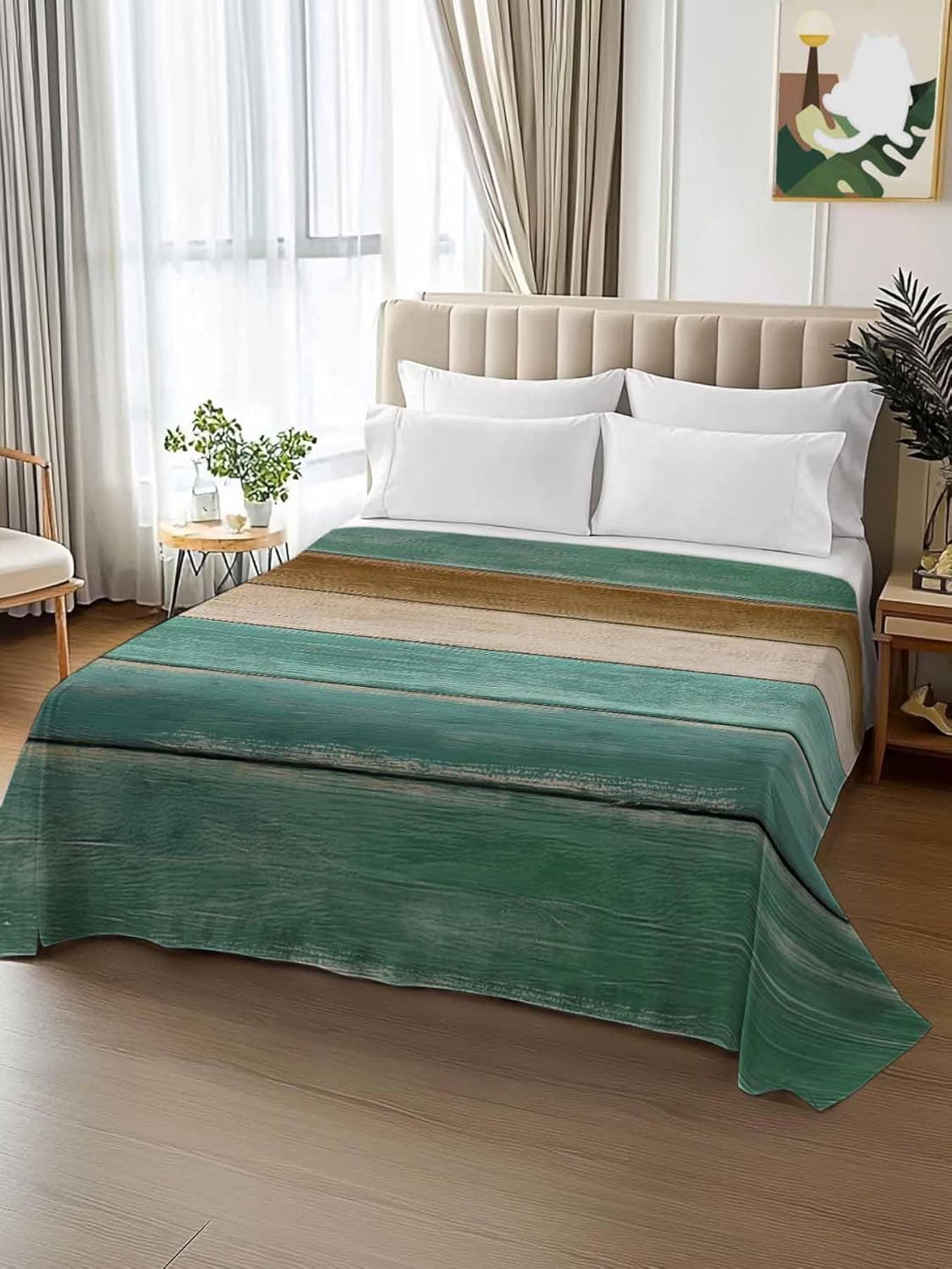 Top Sheet Full Bedding Flat Sheet Only, Vintage Plank Turquoise Brown Microfiber Bed Sheets Soft Breathable Bedding Flat Sheets, Farmhouse Wood Grain Hotel Luxury Top Sheets
