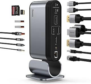 Baseus Docking Station Universal USB C mit Vierfachanzeige, mit 2 HDMI&2 DP, 3 USB 3.0, Audio, Gigabit Ethernet, SD/TF-Kartenleser, für Windows, Mac, Laptop