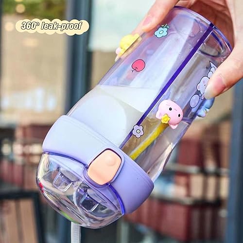 Miniatura 5 de Botella de agua Kawaii Linda botella de agua de doble compartimento Pareja Vaso de plástico con pajita, Botella portátil de 15 oz (14.5 fl oz) (azul)