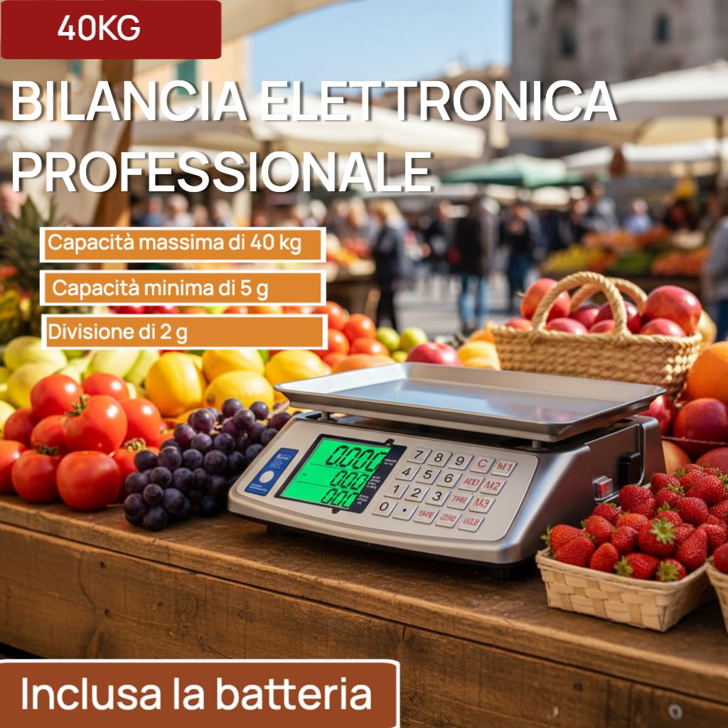 Voltix Bilancia Professionale per Alimenti 40kg, Bilancia Digitale con Display LCD da 5g a 40kg con Divisione di 5g, Alta Precisione, per Uso Domestico e Commerciale