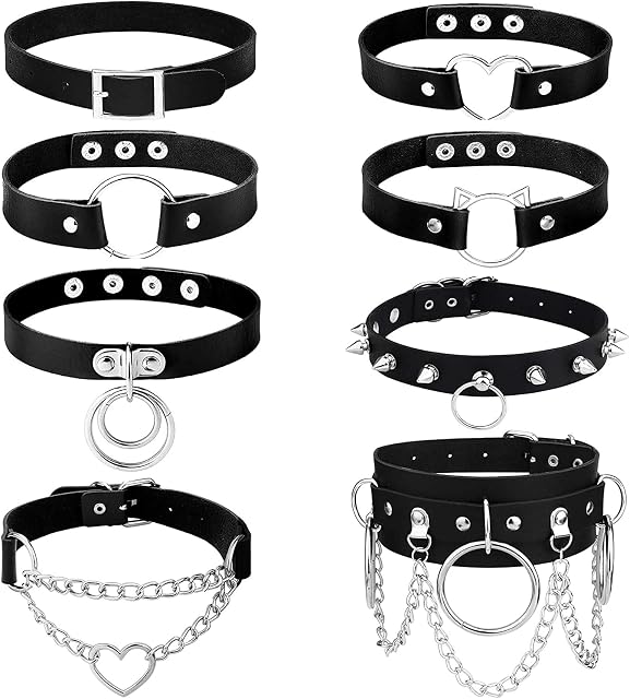 LOLIAS 8Pcs Women's PU Leather Gothic Choker Necklace Set Punk Chain Clavicle Black Leather Choker Sexy Spike Choker Necklace Rock Belt Love Heart Choker Adjustable Collar Choker Cosplayer