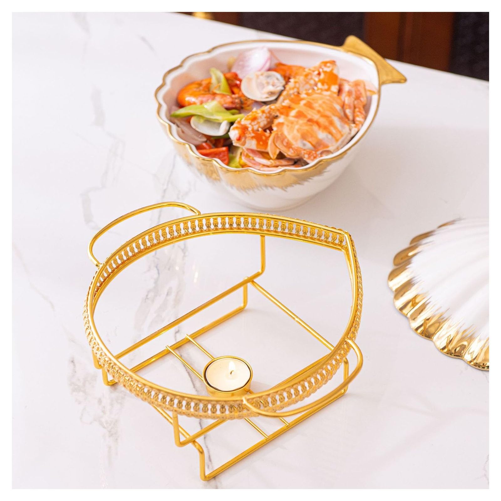 Chauffe-aliments en céramique avec couvercle, plateau chauffant pour événements de restauration, idéal pour les mariages, les fêtes et les buffets, design à 3 compartiments