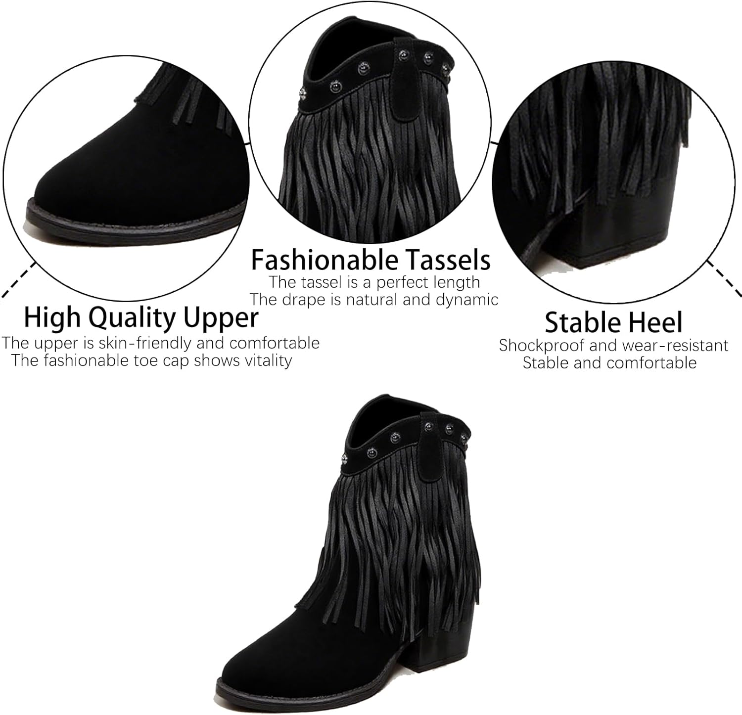 Suede Fringe Western Ankle Boots for Women Retro Fashion Studded Pointed Toe Pull-on Stack Chunky Heel Tassel Cowboy Boots for Country Music Prom Dress Short Booties - Image 5